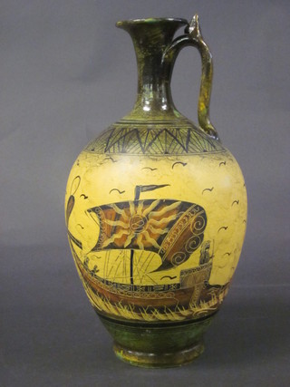 A Continental Art Pottery jug decorated long boats 14"