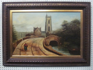 J H, a Victorian oil on canvas "Cardiff Bridge with Figure  Walking, St John's Church in the Distance" 15" x 24", dated  1890, relined,