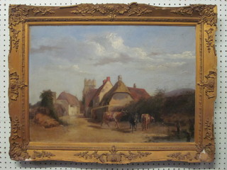 19th Century oil on board "Rural Scene with Lane, Figure and Cattle" 16" x 23", contained in a gilt frame ILLUSTRATED