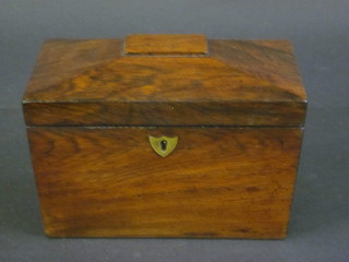 A Victorian rosewood twin compartment tea caddy of  sarcophagus form with hinged lid 8"