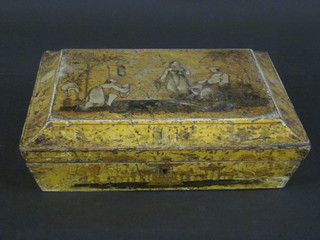 An 18th Century lacquered box of cushion form, the hinged lid decorated figures 11"