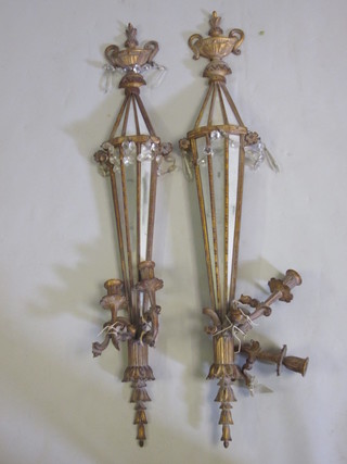 A pair of Adam style carved gilt wood and glass wall light lustres 45"
