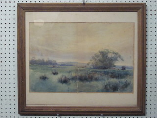 Mary Guinnesse?, impressionist watercolour "Downland Scene  with Cattle Watering" 12" x 18"