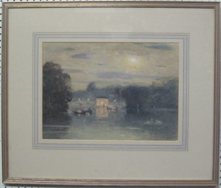 R Little, impressionist watercolour "Moonlit Lake with Boats"  11" x 15"