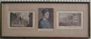 A coloured print "Joannes Coletus" flanked by 2 coloured prints  of "St Paul's School" 9" x 18", contained in a Hogarth frame