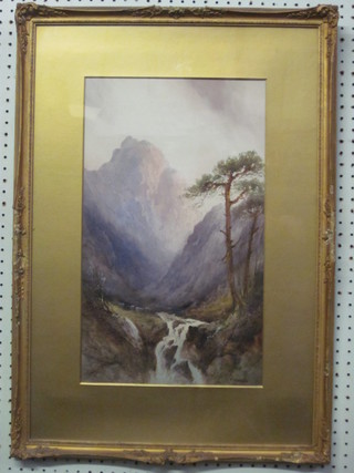 F Pearson, watercolour "Mountain Torrent with Sheep" 19" x  11" contained in a gilt frame