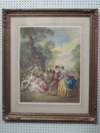 A L Cox, an 18th Century style coloured print "Figures in  Parkland" 20" x 16" with blind proof stamp, contained in a  decorative gilt frame