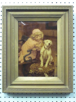 H J Elsley, print on glass "Seated Child with Dog" 9" x 7"