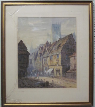 Cecil P Ellis, watercolour "Continental Street Scene with Cathedral" the reverse with label, 21" x 17"