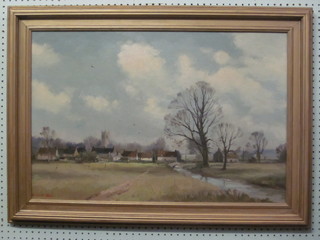 Marcus Ford, oil on canvas "Suffolk Rural Scene with Church  and River" 19 1/2" x 29"