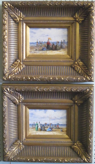 A pair of reproduction Victorian style oils on board "Ladies by  Sea Side" 4" x 6" in gilt frames