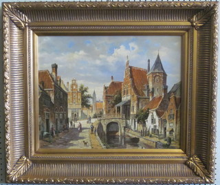 A reproduction Continental oil on board "Street Scene with Figures" 15" x 19"