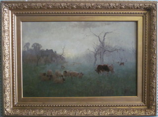Sidney Pike, 19th Century oil canvas "Study of Sheep and Cattle  in Orchard with House in Distance" 20 x 28" contained in a gilt  frame  ILLUSTRATED