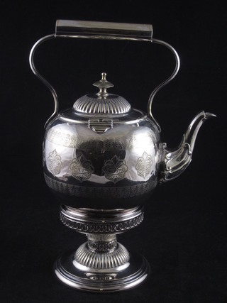 A Victorian engraved Britannia metal tea kettle and stand