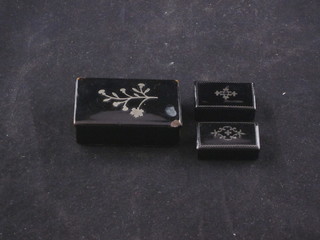 A rectangular lacquered snuff box 2" and 2 others 1"