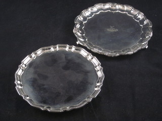 2 circular silver plated salvers with bracketed borders, 6",