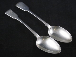 A Georgian silver fiddle pattern table spoons, London 1823 and 1  other London 1830, 3 1/2 ozs