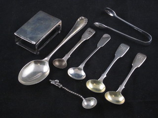 A silver matchbox case, a silver spoon, 4 various silver mustard spoons, silver salt spoon and a pair of silver sugar tongs, 3  1/2ozs
