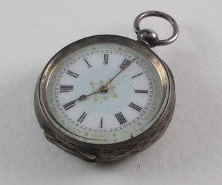 A Continental open faced fob watch contained in a silver case  with enamelled dial