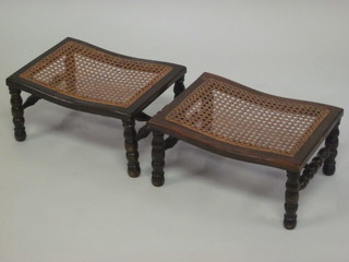 A pair of rectangular beech framed stools with woven rush seats  16"