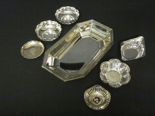 A silver plated boat shaped dish 11", 2 pairs of circular pierced silver plated dishes, 2 other dishes and a Continental dish