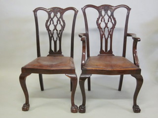 A set of 6 mahogany Chippendale style dining chairs with carved  slat backs, the seats of serpentine outline, raised on cabriole  supports  ILLUSTRATED
