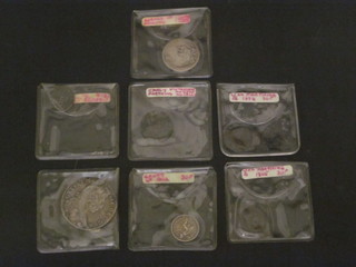 A William II 1697 half crown, a George IV shilling, a George III sixpence, a Victorian fourpence 1842 and 3 Victorian farthings