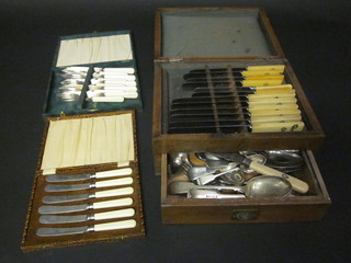 A set of 5 silver plated fish knives and forks cased and an oak canteen box containing a collection of various flatware