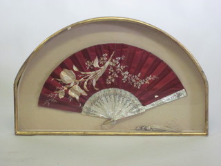 A Victorian mother of pearl fan contained in a frame