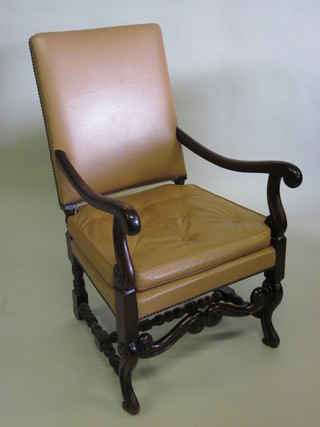 A 17th Century style open arm chair, the seat and back  upholstered in brown rexine