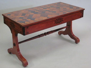 A handsome Continental marquetry library table with marquetry  top, the base fitted a drawer with turned stretcher, raised on  standard end supports 55"