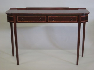 A Georgian style D shaped side table with raised back and crossbanded top, fitted 2 long drawers, raised on square tapering  supports 43"