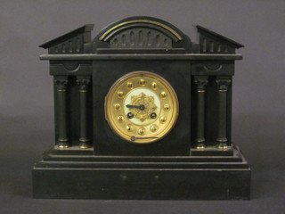 A French 8 day striking mantel clock with gilt dial and Arabic numerals contained in a black marble architectural case