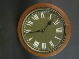 A fusee wall clock with 12" green painted dial and Roman  numerals, the 4" brass back plate marked Salisbury