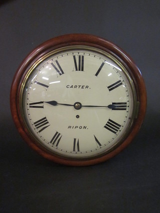 A 19th Century fusee wall clock with 12" circular painted dial marked Carter Rippon, contained in a mahogany case with 4 1/2"  brass back plate  ILLUSTRATED