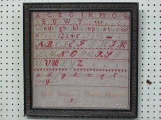A Woolwork sampler with alphabet and numbers by Ellen Dennet  North Heath 1892 12" x 12"