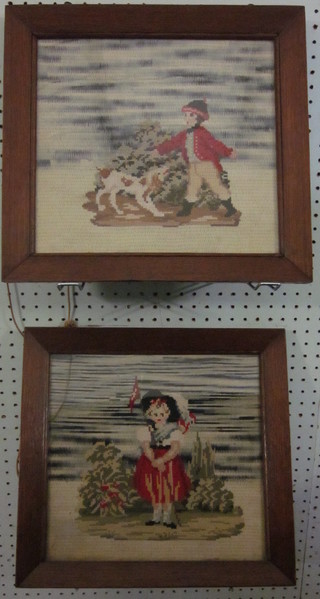 A pair of Victorian Berlin woolwork panels depicting standing figures 11" x 12" contained in oak frames