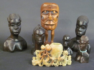 2 pairs of Eastern carved wooden portrait busts 8" and 5", 1 other 6" and a soap stone brush pot 4"