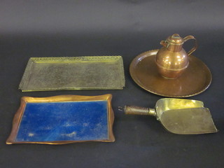 A brass coal shovel, a copper Jersey milk carrier, 2 copper trays and a brass tray