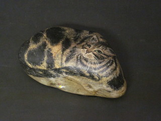 A painted stone door stop decorated a tabby cat 6"