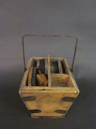 A 19th Century rectangular pine and metal bound House Keeper's box fitted various brushes