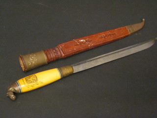 A Finnish dagger with 8" blade, leather scabbard and horn grip
