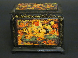 A rectangular lacquered Russian box with hinged lid decorated  landscape scenes 5 1/2"