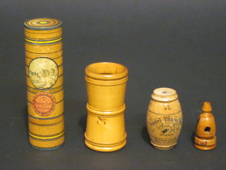 A Victorian cylindrical wooden box - A Present From Brighton,  a German turned wooden model barrel marked Nadel-Tonnchen,  a turned wooden die shaker and 1 other wooden item