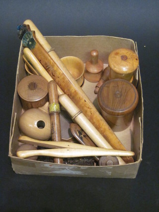 A pair of wooden glove stretchers, wooden thermometer case, 2 turned wooden salts, various items of treen
