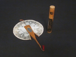 A Marklin needle case decorated The Crystal Palace Sydenham, together with a fan in an olive wood mount