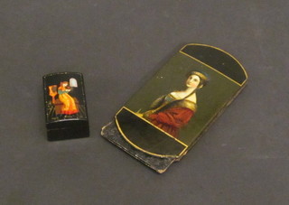 A Russian lacquered pencil case 5" and a small Russian lacquered box with hinged lid 2"