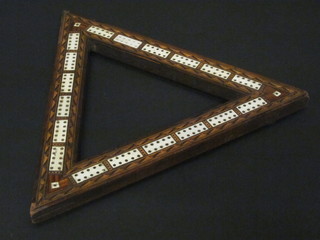 A 19th Century triangular shaped parquetry and inlaid bone  cribbage board 13"