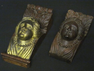 A pair of carved wooden brackets decorated portrait busts of ladies 8"