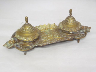 A brass twin section standish with 2 inkwells 11"